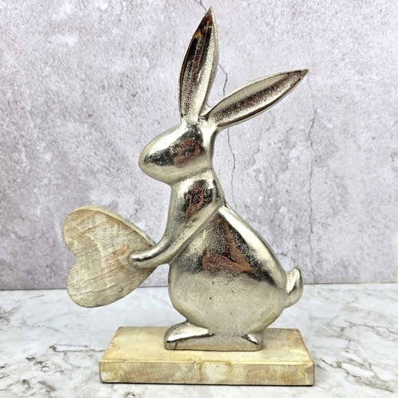 Rabbit with Wood Heart, Art Metal Sculpture on Wooden Base - Picture 1 of 3